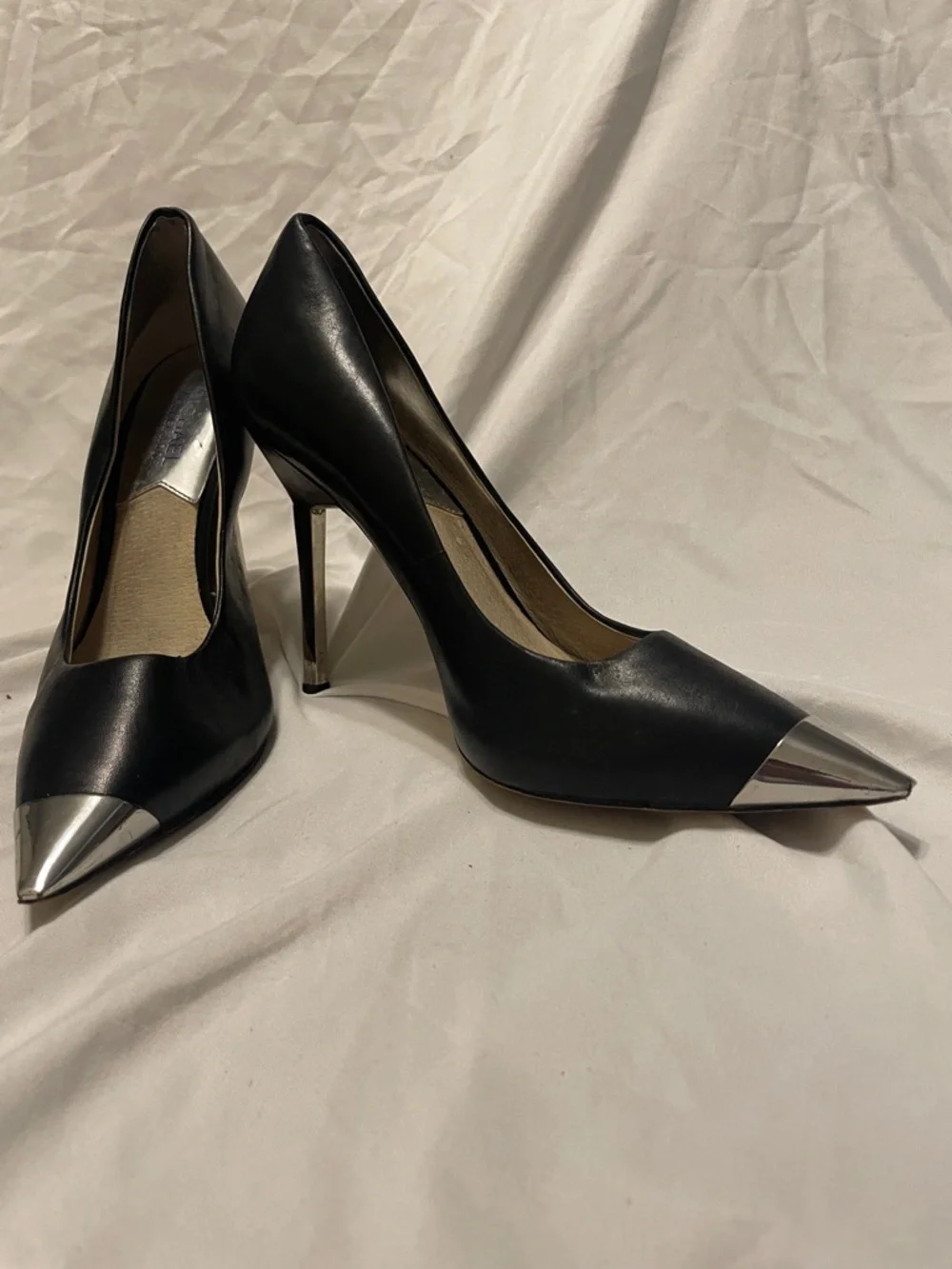 Michael Kors Black Leather Pointed Pumps with Silver Toe Cap
